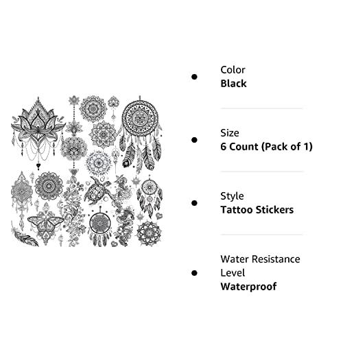 FANRUI 6 Sheets FANRUI Black Henna Temporary Tattoos For Women Lace Mehndi Mandala Flower Tatoos Ink Large Waterproof Lotus Fake Jewelry Pendant Butterfly Tattoo Stickers Kit Wedding Dreamcatcher Feather