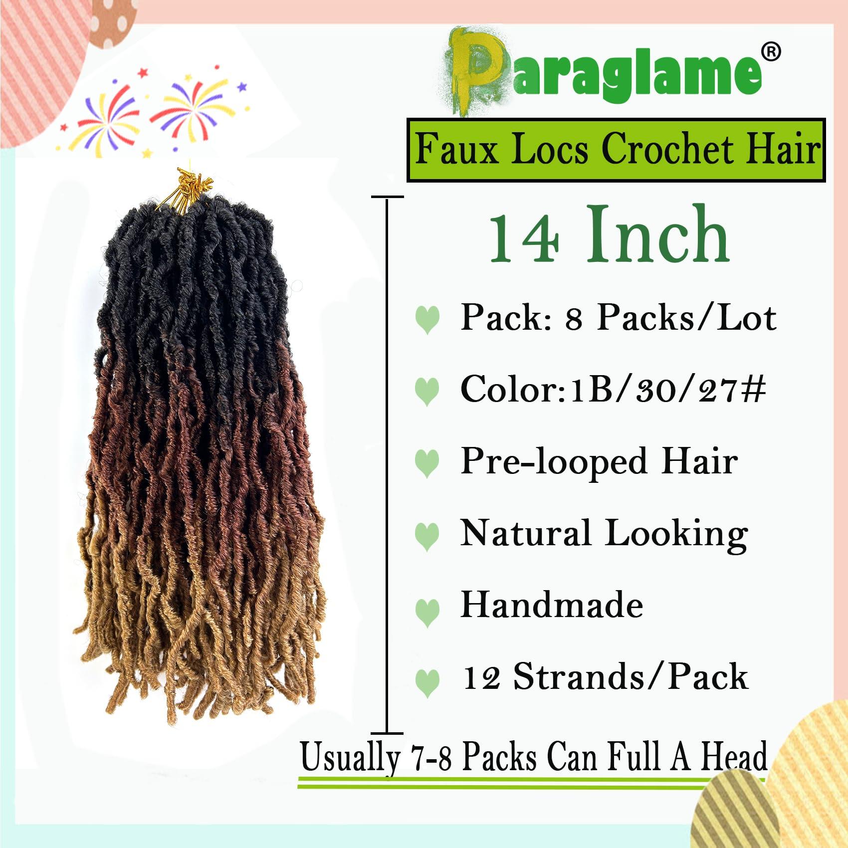 Paraglame Ombre Faux Locs Crochet Hair 14 Inch New Soft Locs 8 Packs Pre-looped Crochet Braids Short Soft Goddess Locs Curly Wavy Croceht Hair for Women(1B/30/27, 8packs)