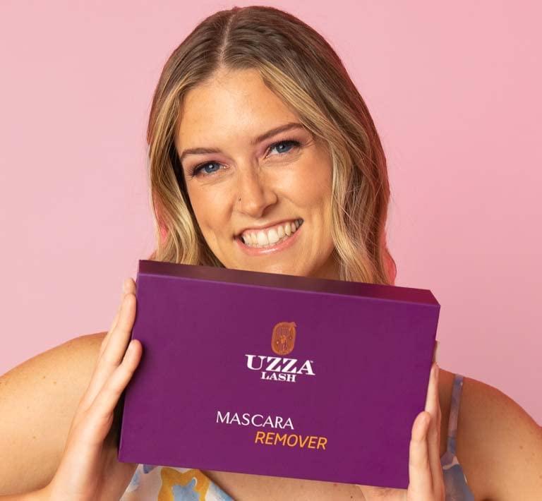 UZZA UZZA Lash Eye Makeup Remover - Waterproof Mascara Remover for Sensitive Eyes - Natural Make up Remover - Hygienic Kit Includes Eyelash Brush, Reusable Pads, Cleanser Liquid 1oz