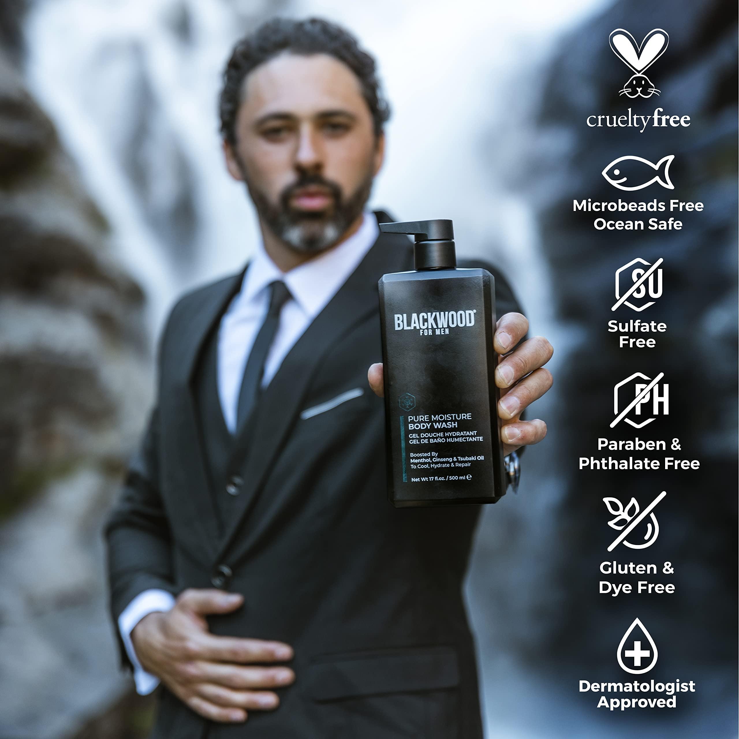 Blackwood For Men Blackwood For Men Hydroblast Moisturizing Shampoo (17oz), Pure Moisture Body Wash (17oz), and BioNutruent Foaming Face Wash (4.45oz) Bundle for Men