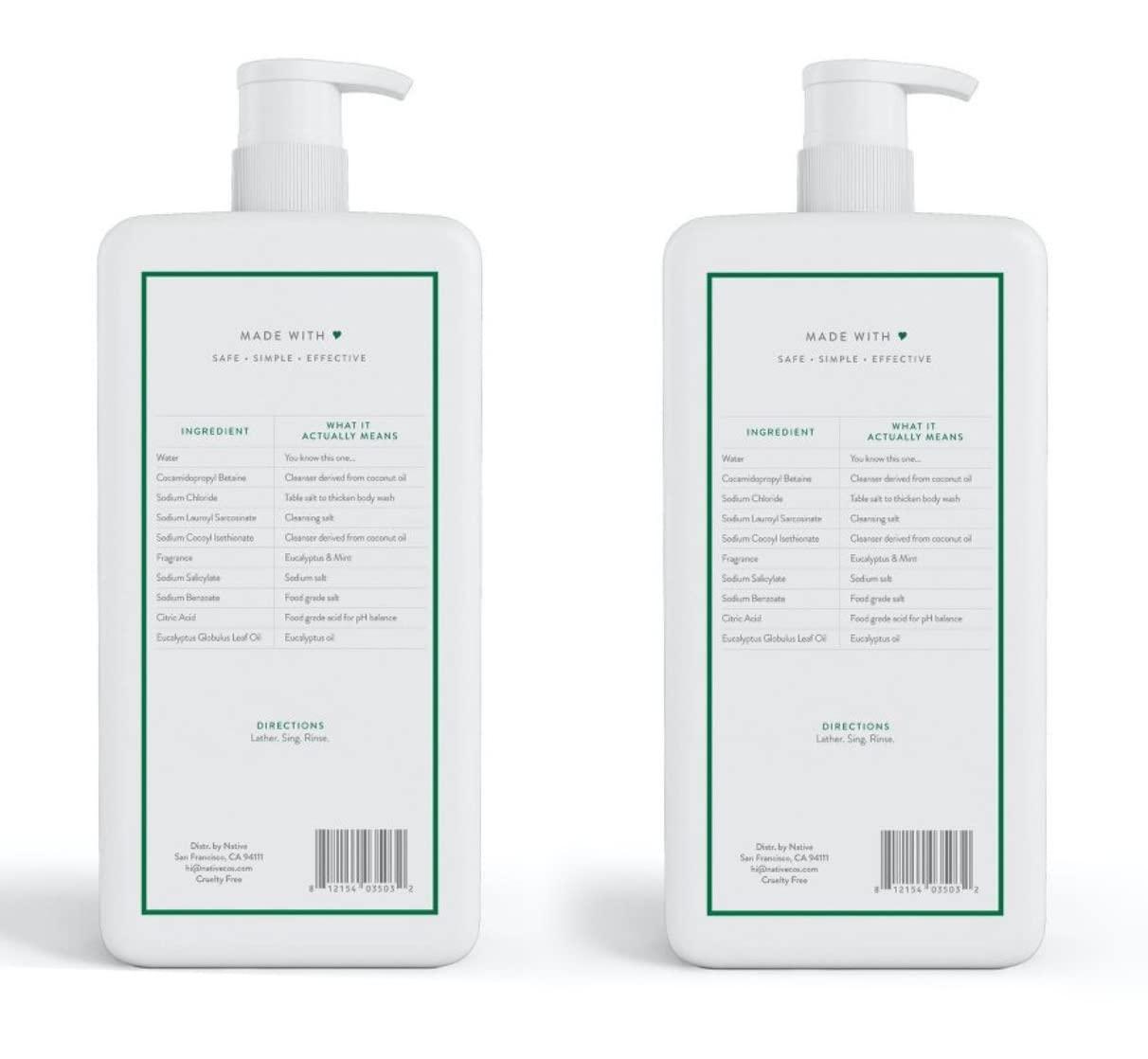 Native Native Body Wash for Women, Men | Sulfate Free, Paraben Free, Dye Free, with Naturally Derived Clean Ingredients, 36 oz bottle with pump- 2 Pack (Eucalyptus & Mint), 72.0 Fl Oz