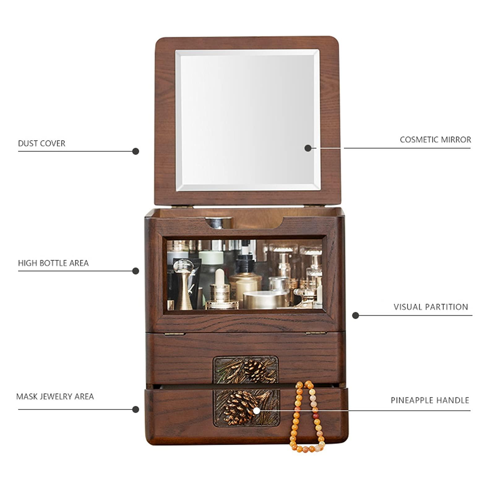 WALDOR Cosmetic Display Cases Wooden Retro Makeup Organizer Cases with Drawers & Mirror Glass Large Capacity Make Up Caddy Shelf for Bathroom Countertop, Bedroom Cosmetic Storage Box