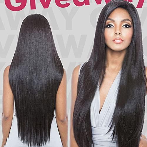 RJ HAIR 14-30 Inch Half Wig With Clip in Hair Extensions Brazilian Remy Straight Hair 180 Full Density 3/4 Half Wig Human Hair Black Brown Color (28inch 130% Density, 1#(Jet Black))