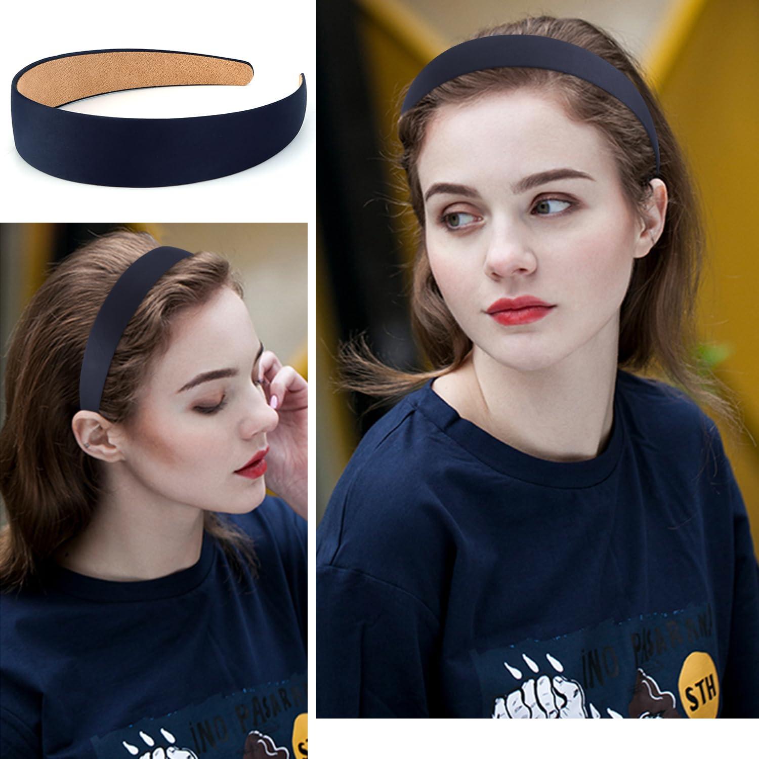 Atoden Atoden Satin Headbands for Women Girls Navy Blue Headband 1.18 Inch Wide Thin Hard Headbands Non Slip Ribbon Hair Bands Plain Headbands for Crafts DIY Costume Holiday Hair Accessories Gifts