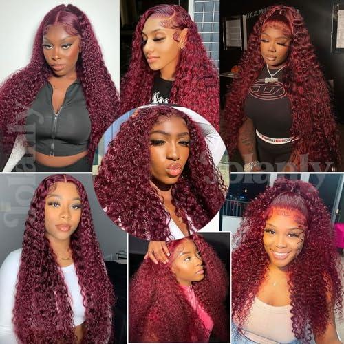 Jolanly 28 Inch Deep Wave Curly 99J Burgundy Lace Front Wigs Human Hair Red Colored Human Hair Wig For Black Women13x4 Curly Transparent Lace Front Wig Pre Plucked