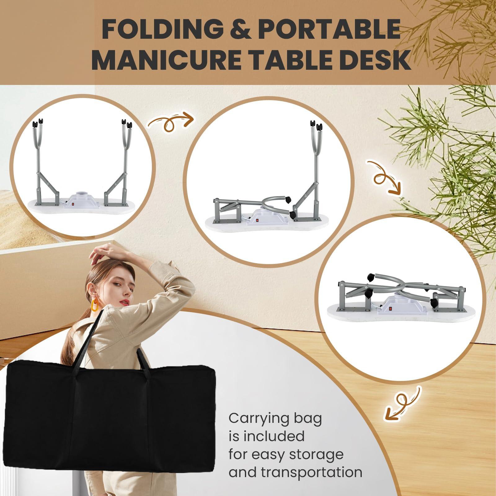 WELLHUT WELLHUT Nail Table All-in-One Manicure Desk w/Electric Dust Collector, LED Nail Lamp, Carry Bag & Wrist Cushion, Mobile Nail Desks w/Universal Mute Wheels for Manicurists Home Spa Beauty Salon