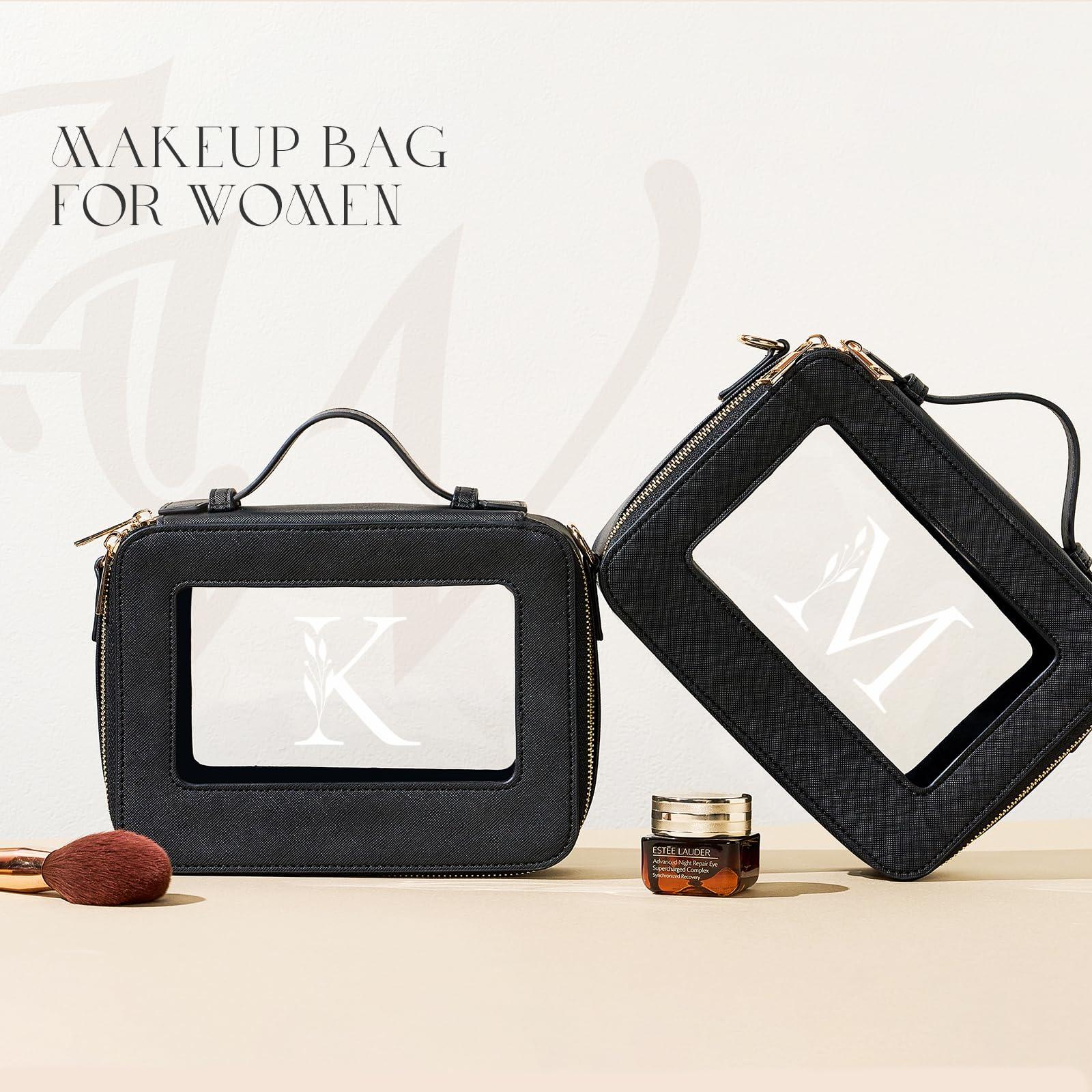 AW BRIDAL AW BRIDAL Initial Makeup Bags Monogram Makeup Bag Clear Toiletry Travel Bag with Shoulder Strap Small Clear Cosmetic Bag Women Clear Makeup Bag with Zipper, Letter M