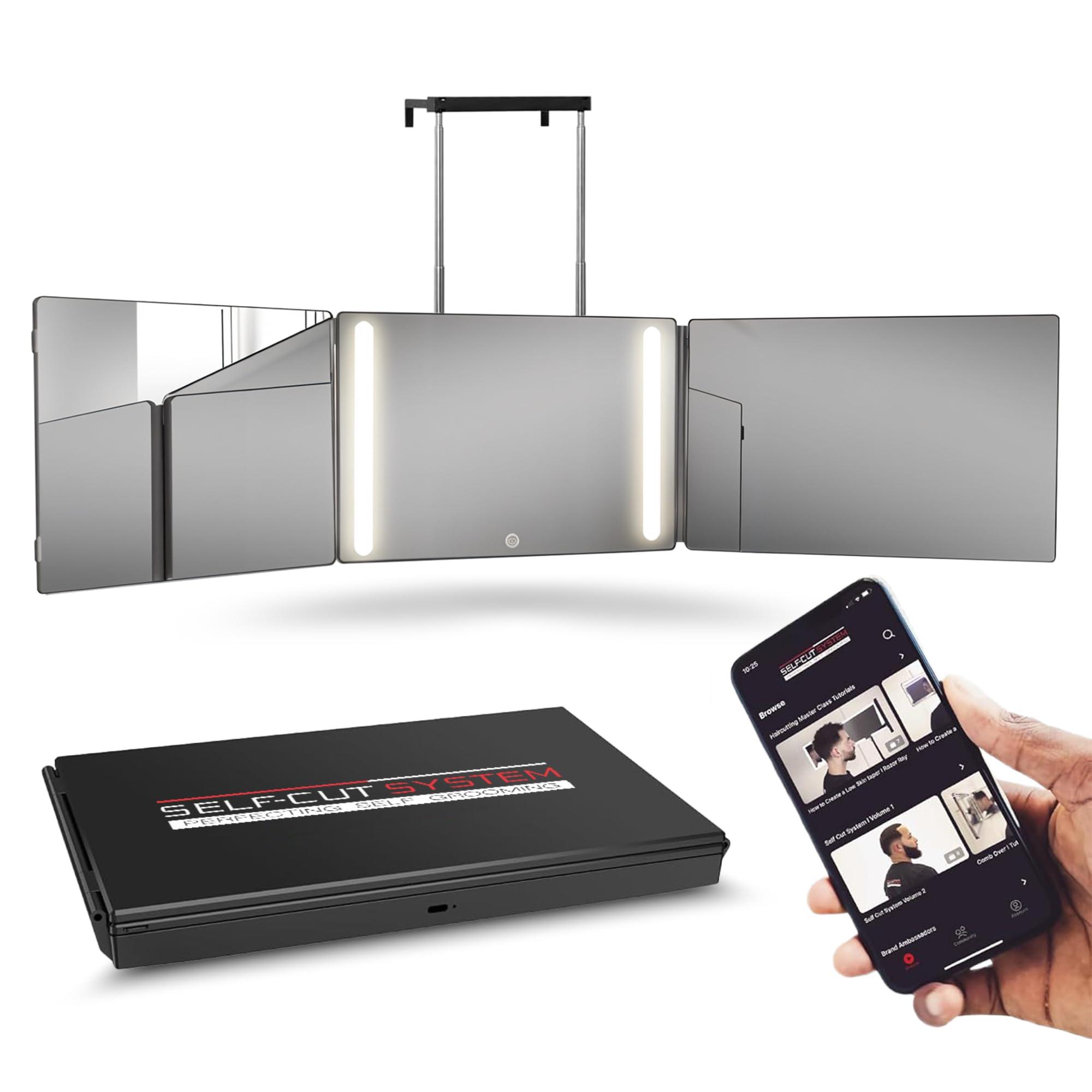 Self-Cut System Self-Cut System - 3 Way Mirror with Lights - Three Way Mirror for Self Hair Cutting - Over The Door Mirror - Trifold Mirror - 360 Mirror - Barber Mirror - Self Haircut Mirror (Travel 3.0 LED)