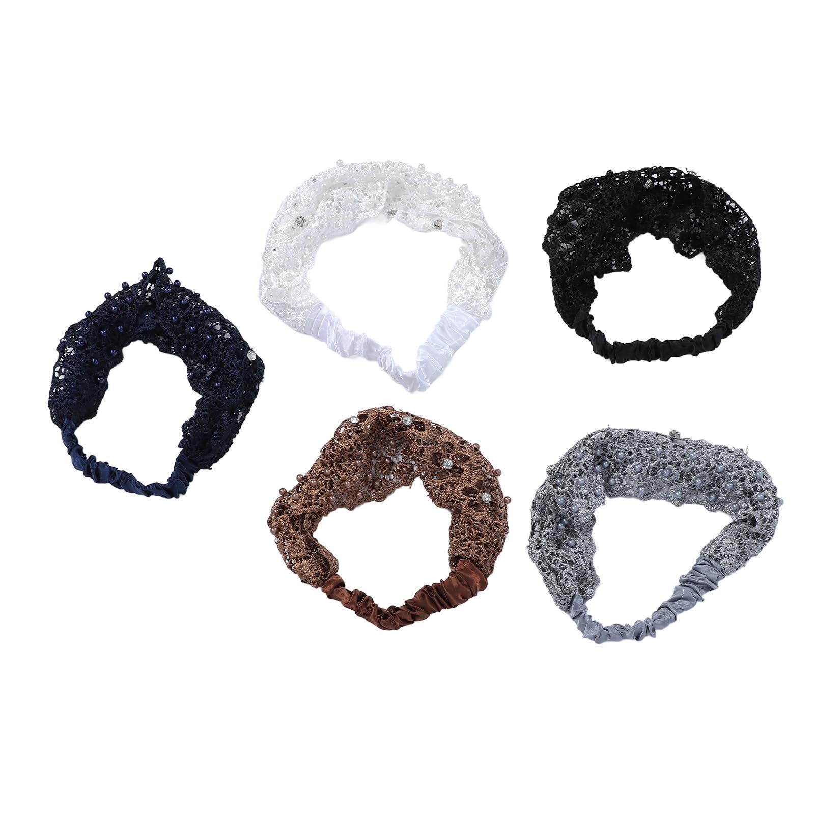 Fabater 5Pcs Elastic Lace Headbands, Fashion Floral Mesh Headband with Pearl Trim for Women for Daily Makeup Chore