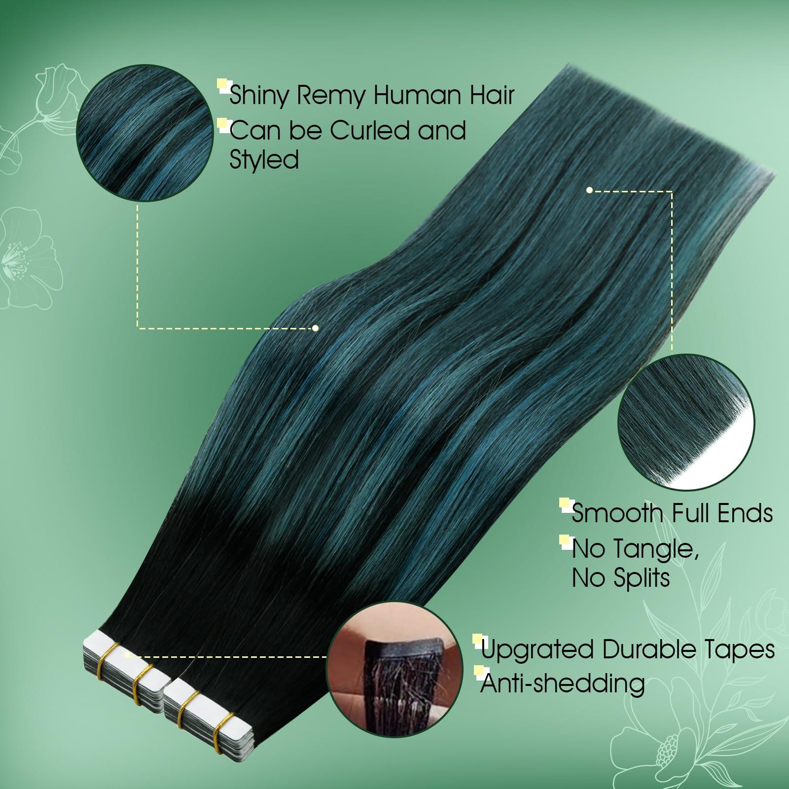 RUNATURE RUNATURE Black Ombre Tape in Hair Extensions Real Human Hair Tape in Extenions Short Natural Black to Blue Tape in Human Hair Extensions Teal Straight Glue in Hair Extensions Human Hair 12 Inch 30g