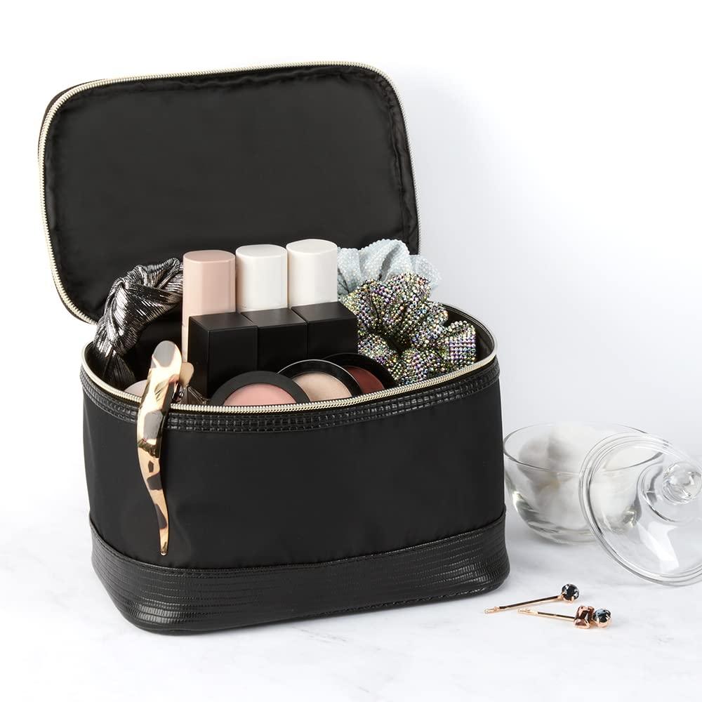 Conair Conair Travel Makeup Bag, Large Toiletry and Cosmetic Bag, Perfect Size for Use At Home or Travel, Train Case Shape in Black with Snake Print