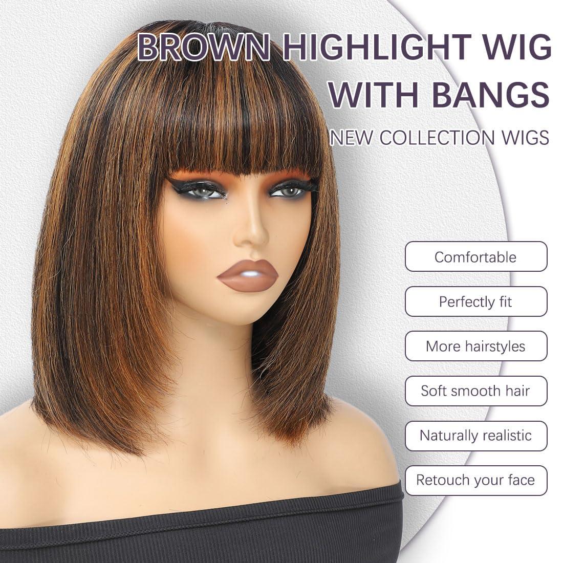 CLIONE Short Bob Wig with Bangs Human Hair 8 Inch Highlight Brown Bob Human Hair Wig with Bangs 2.5x1 HD Lace Bob Wig Ready to Go Glueless Wigs 100% Human Hair Wigs for Black Women Layered Cut 180% Density