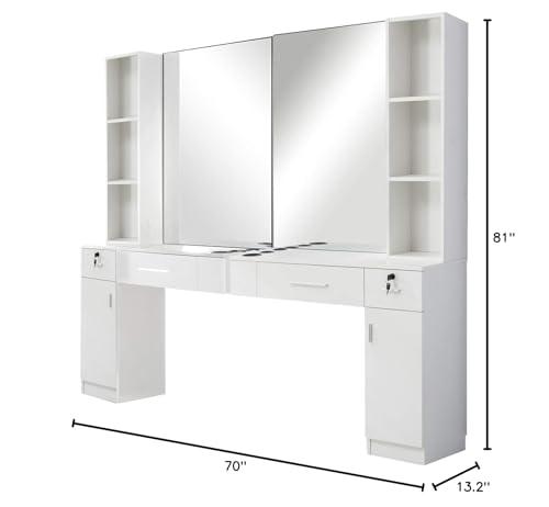 BarberPub BarberPub Wall Mount Barber Station with 6 Hair Dryer Holders Salon Hair Styling with Mirror Dressing Table Beauty Salon Spa Equipment Set 3026+3036 (White)