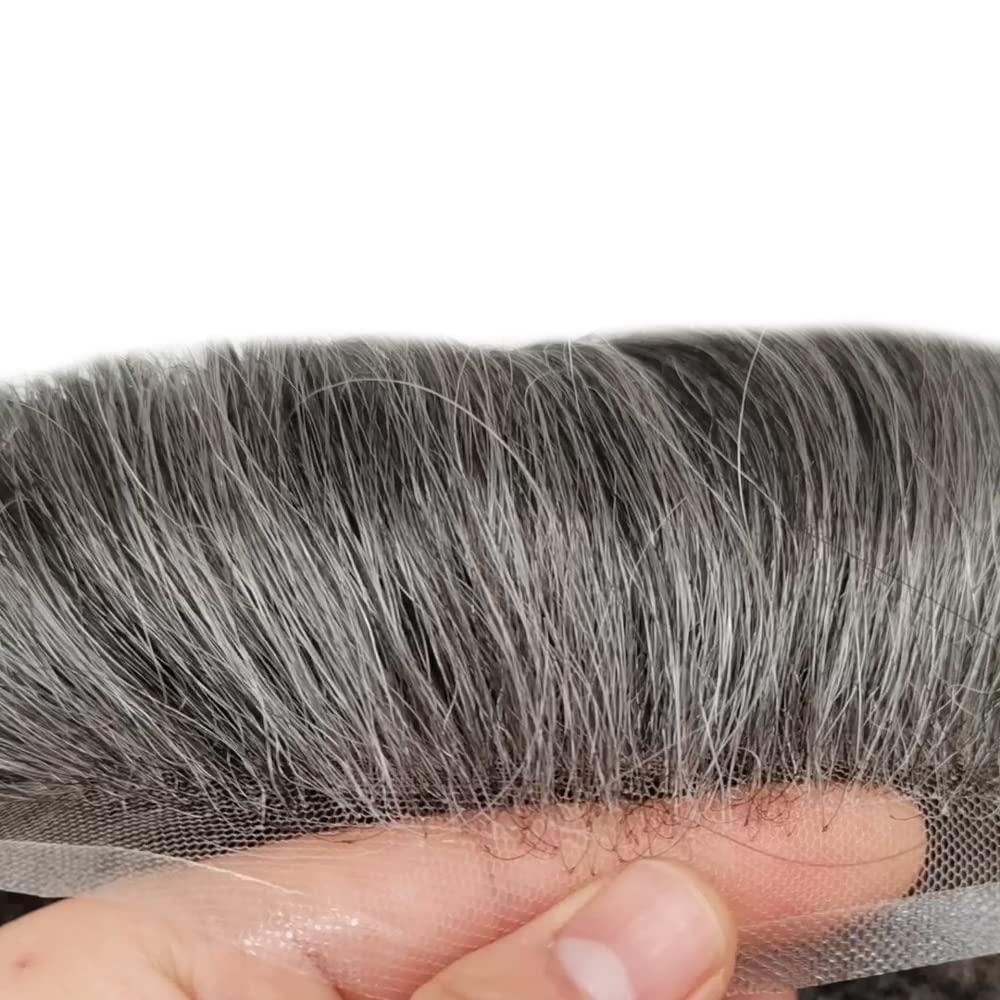 Hair Wonders Toupee For Men Real Human Hair Mens Toupee Hair Replacement System Swiss Lace Hair Piece For Men Hair System6x9\"-100% light to medium density#1B60 1B# OFF BLACK+60% GREY