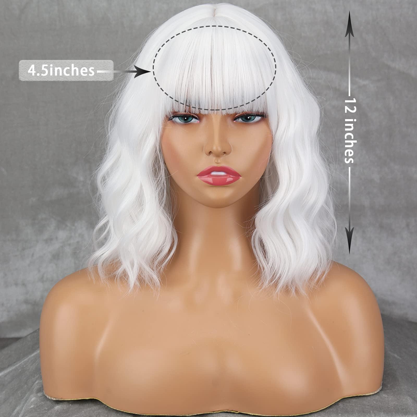 MISSQUEEN MISSQUEEN Short White Wig with Bangs Wavy White Hair Wigs for Women Synthetic Wavy Bob White Shoulder Length Wigs Natural Looking Heat Resistant Fiber Wig for Daily Party Cosplay Use