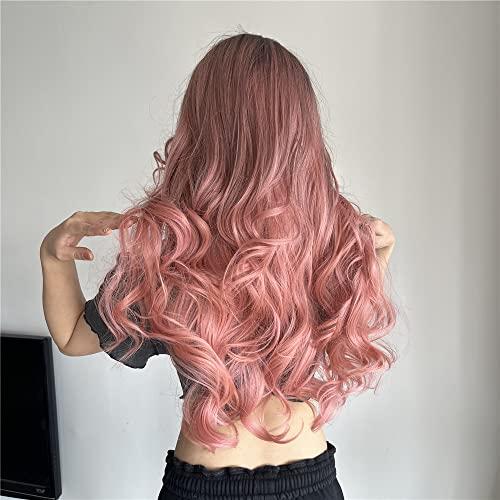 EMMOR EMMOR Long Ombre Pink Wig for Women - Natural Curly Hair Synthetic Wigs With Bang Dark Root, Party Cosplay Daily Use (2pcs Free Wig Cap)