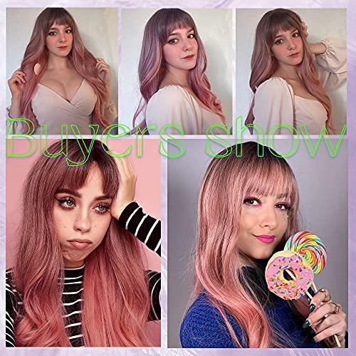 EMMOR EMMOR Long Ombre Pink Wig for Women - Natural Curly Hair Synthetic Wigs With Bang Dark Root, Party Cosplay Daily Use (2pcs Free Wig Cap)