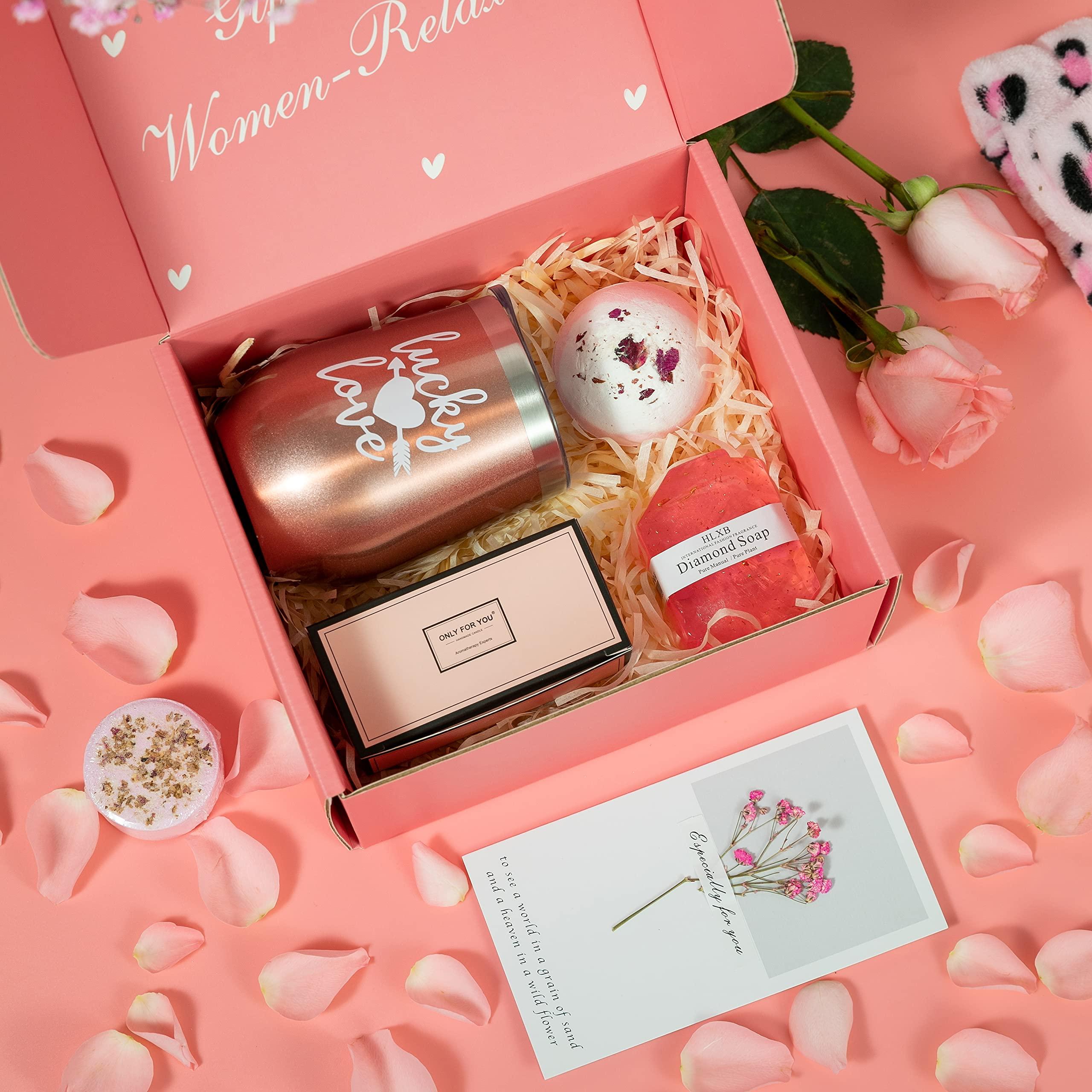 WOZUTUNT Valentine Gifts For Women Best Friend, Pink Relaxing Spa Gift Box Basket For Her, Unique Gifts for Women Mom Sisters Wife Girlfriend Who Have Everything, Happy Birthday Tumbler Bath Gift Boxes Set