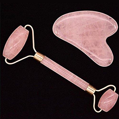 fengshuisale Feng Shui Anti Aging Jade Roller for face and Gua Sha Scraping Massage Tool Set Therapy, New 100% Natural Rose Quartz Jade Roller & Gua Sha Set W3405