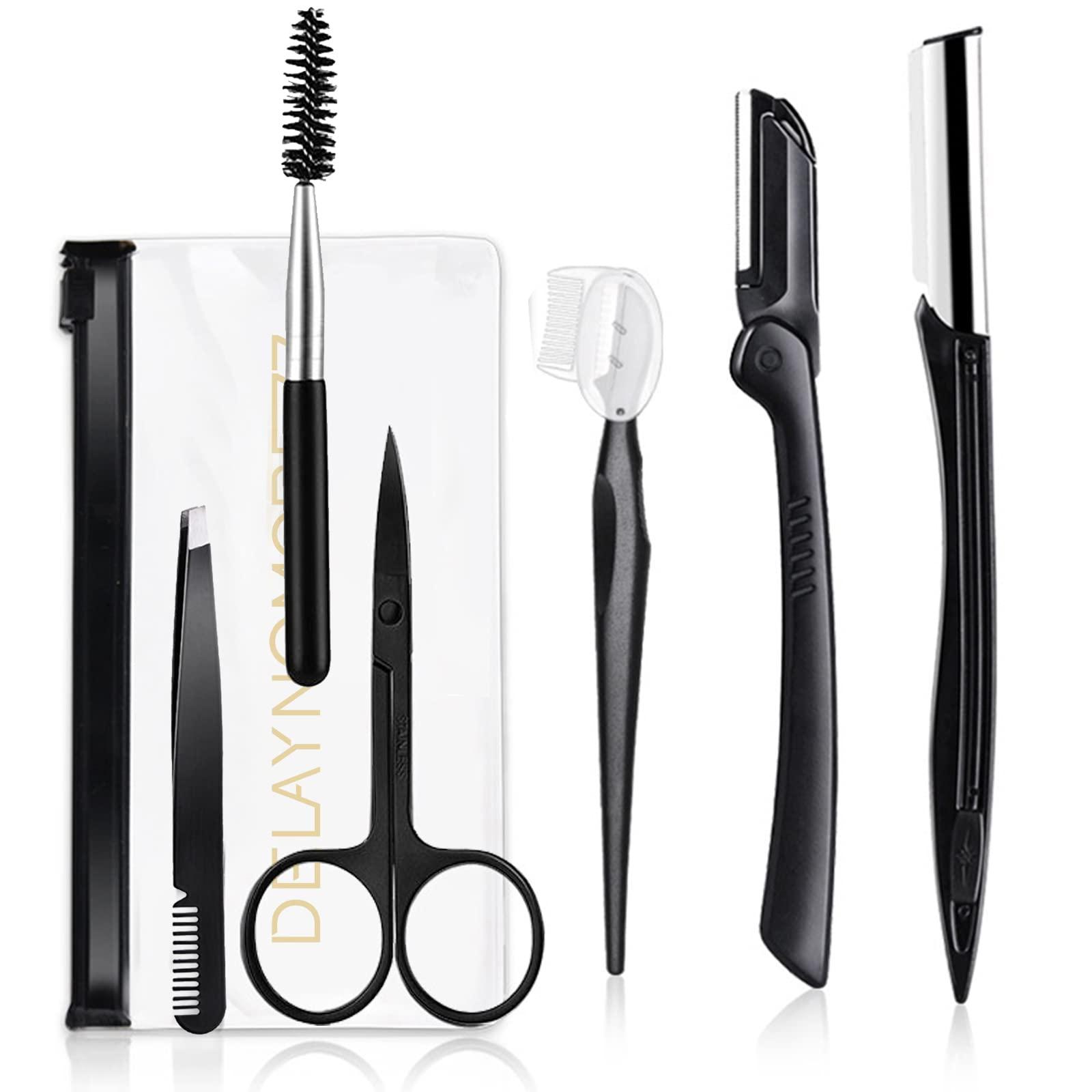 DELAYNOMORE77 Eyebrow Razor Kit, 6 in 1 Professional Eyebrow Grooming Set for Women and Men, Including 3 Eyebrow Razors Trimmer,1 Tweezer,1 Scissor,1 Eyelashes Roller,1 Storage Bag