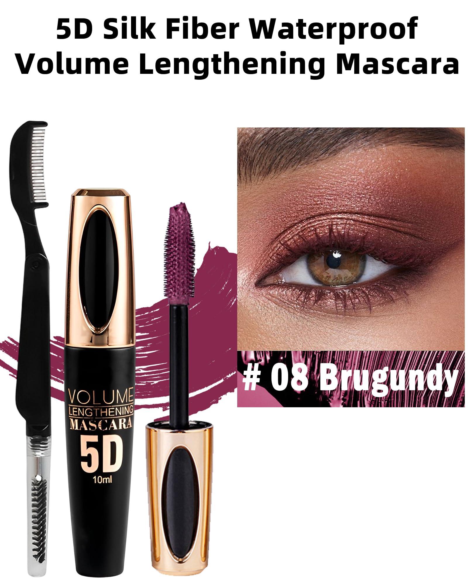 Lestpola Burgundy Mascara Waterproof Tubing Mascara, Volume and Length Voluminous Colored Mascara for Eyelashes, Long Lasting Smudge-proof Lengthening 5D Lash Mascara with Silk Fiber, No Flaking or Clumping