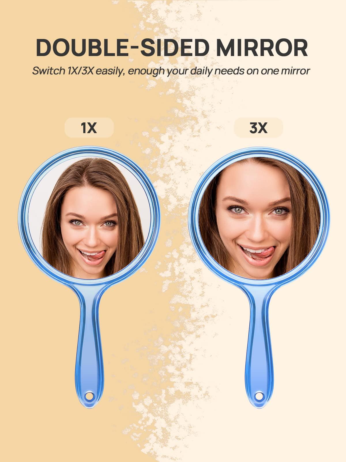 OMIRO OMIRO Hand Mirror, Double-Sided Handheld Mirror 1X/3X Magnifying Mirror with Handle, Pack of 1 (Transparent Blue)
