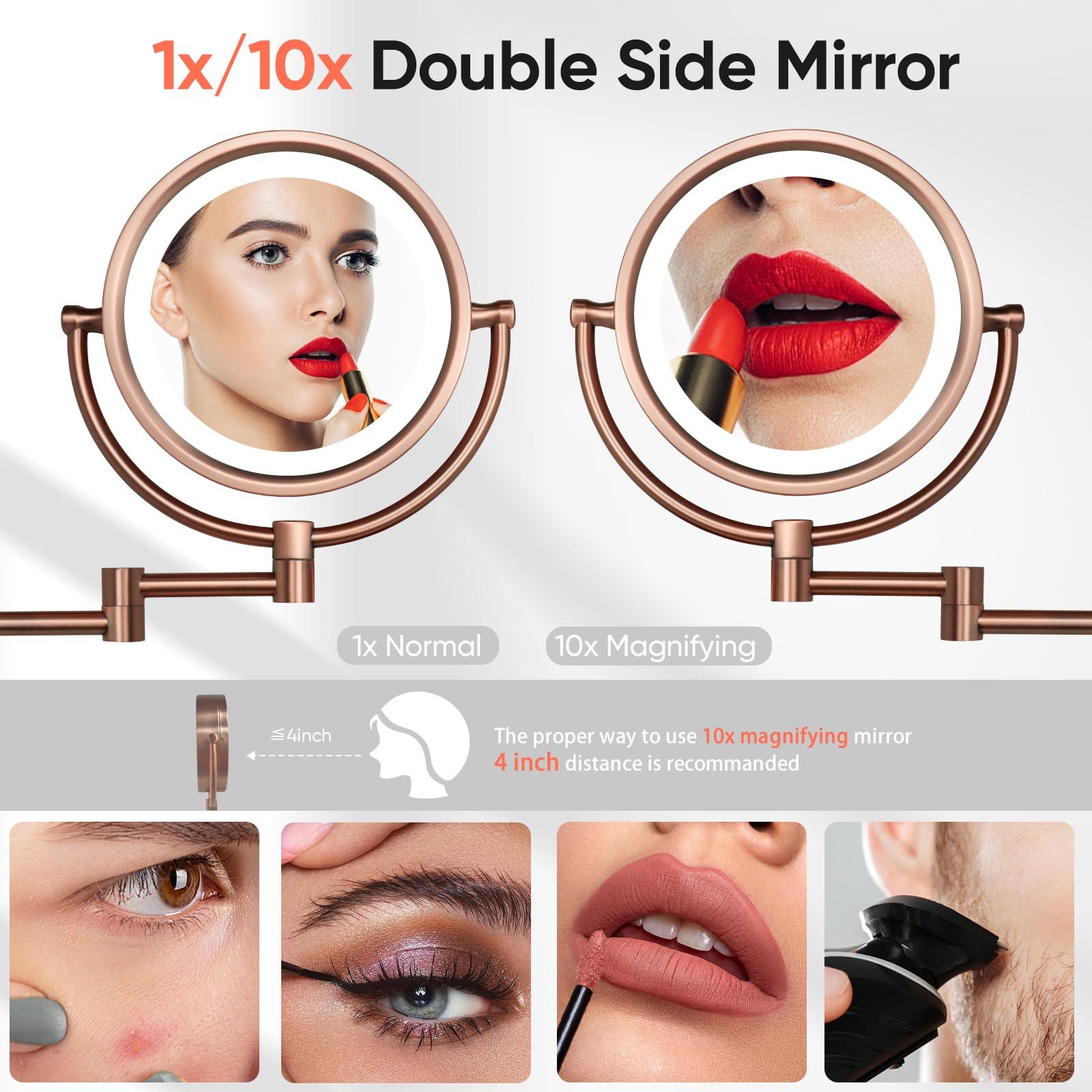 GURUN GURUN Wall Mounted Hardwired Makeup Mirror with 3 Tones Dimmable LED Lights 10x Magnifying Mirror with Touch Control for Bathroom Bedroom 13\" Extendable Arm M1809DB-9x10MR-T(10x,Matte Rose Gold)