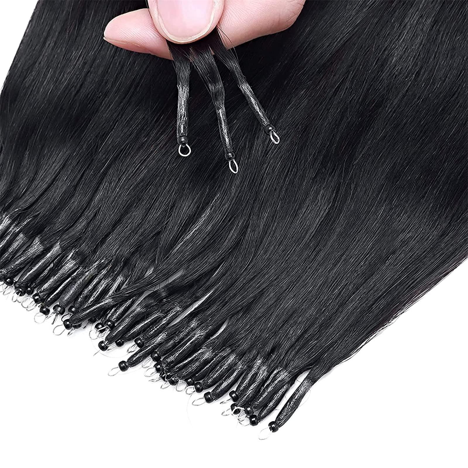 SCIAZA Human Hair Extensions, 8D Nano Beads Pre-Bonded Seamless Hairpieces, No Trace Natural Nano Ring Hairpiece Exteniosns,Jet black,26in