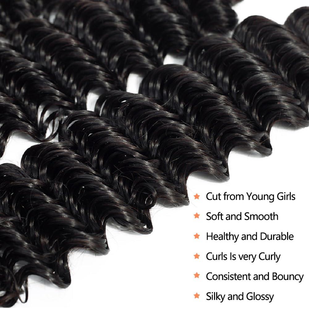 YOCYTU 12A Deep Wave Human Hair Bundles 26 28 30 Inch Brazilian Deep Wave Curly Bundles Human Hair 3 Bundles 100% Unprocessed Virgin Remy Wet and Wavy Human Hair Weave Bundles Deals Natural Black