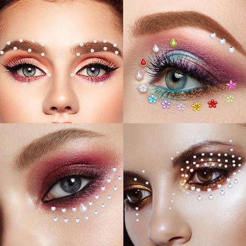 ZLSPTK 1780Pcs Rave Face Gems Stick On Eye Jewels Rhinestones Stick On Silver Face Diamonds for Makeup FestivalSmall Hair Gems for Women Girls Star Heart Flower Drop Pearl Stickers for Crafts 9 Sheets