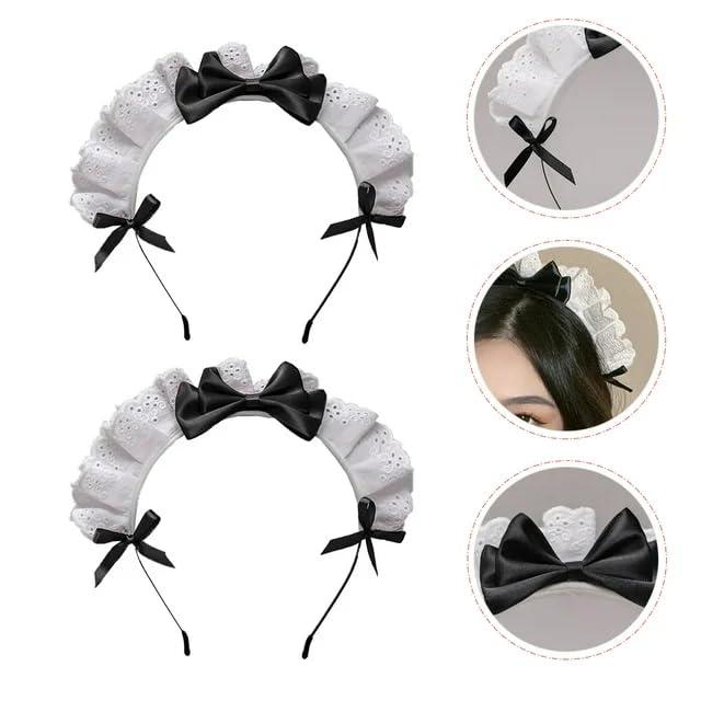 Juroicessry 2Pc Black Women Girls Lolita Headband Lace Bow Hair Band Maid Anime Cosplay Headwear Ribbon Bowknot Women\'s Fashion Headbands Cute Hair Band Party Hair Accessories