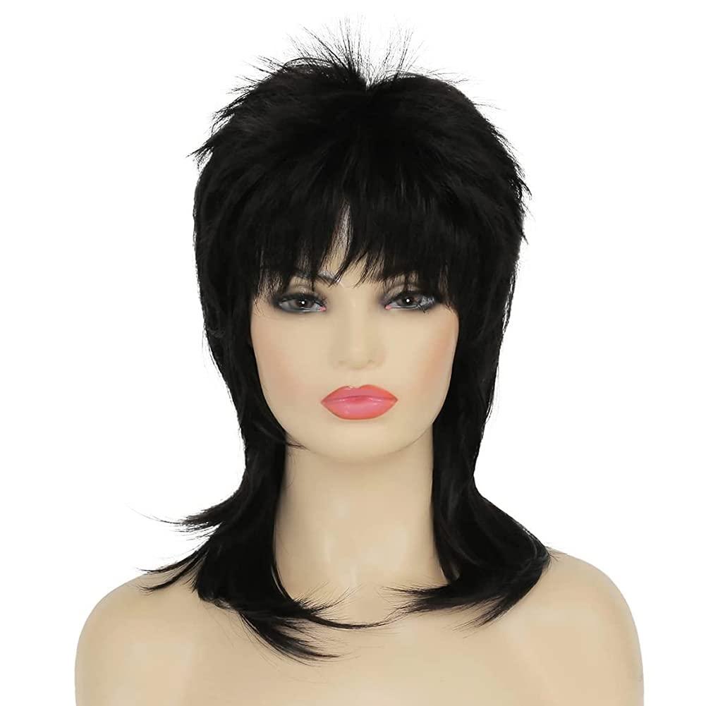 Amnenl Amnenl Mullet Wig for Women Black Wig Shoulder Length Shaggy Layered Wig Curly 80s Wig Heat Resistant Cosplay Daily Hair Wigs (Black)