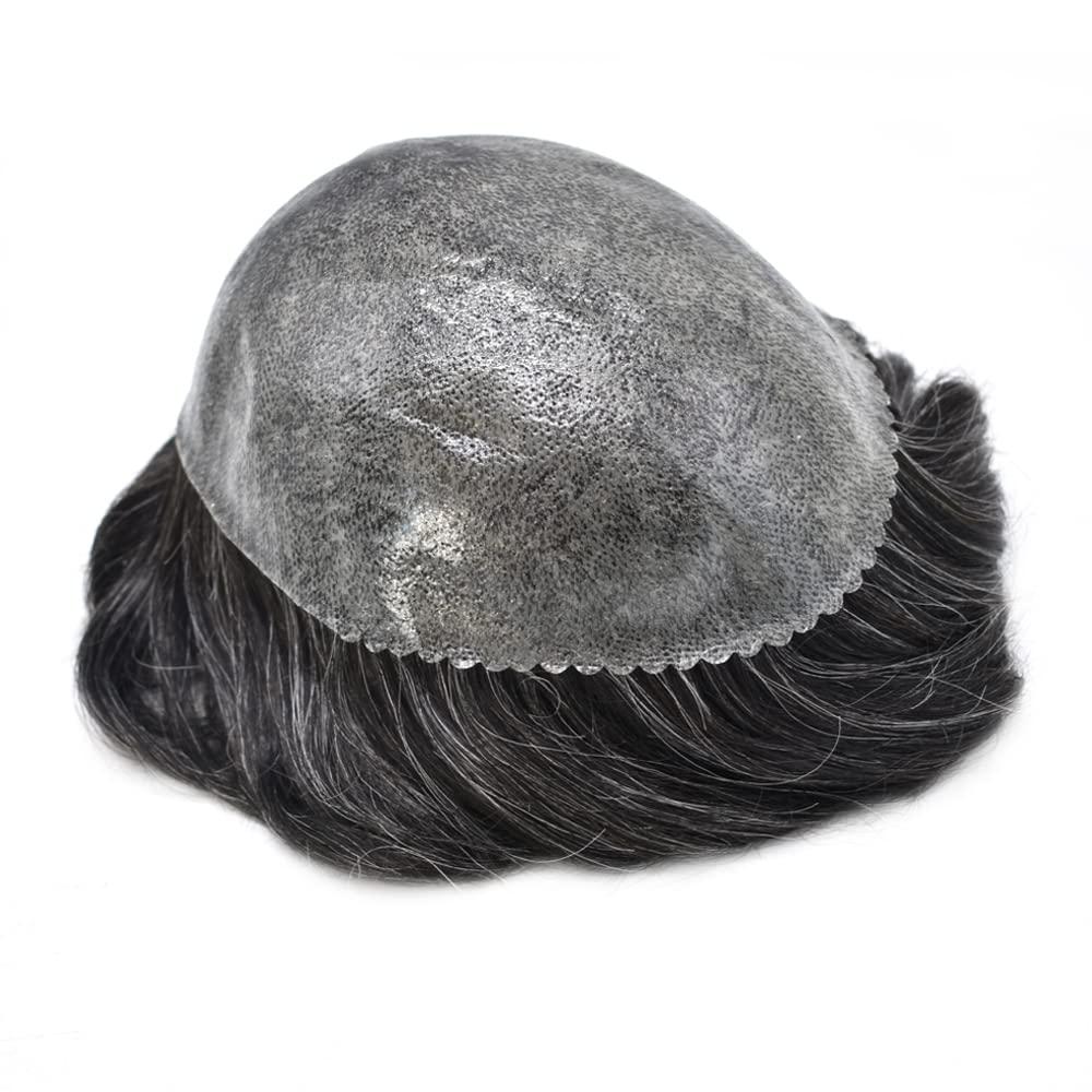 Curve Hair Toupee for Men Hairpiece Full Injected Poly Skin Hair System Replacement Durable PU Mens Toupee Hair Piece Unit for Men (#1B10 Off Black+10% Gray-120% Medium Light to Medium, 6\'\'X9\'\')