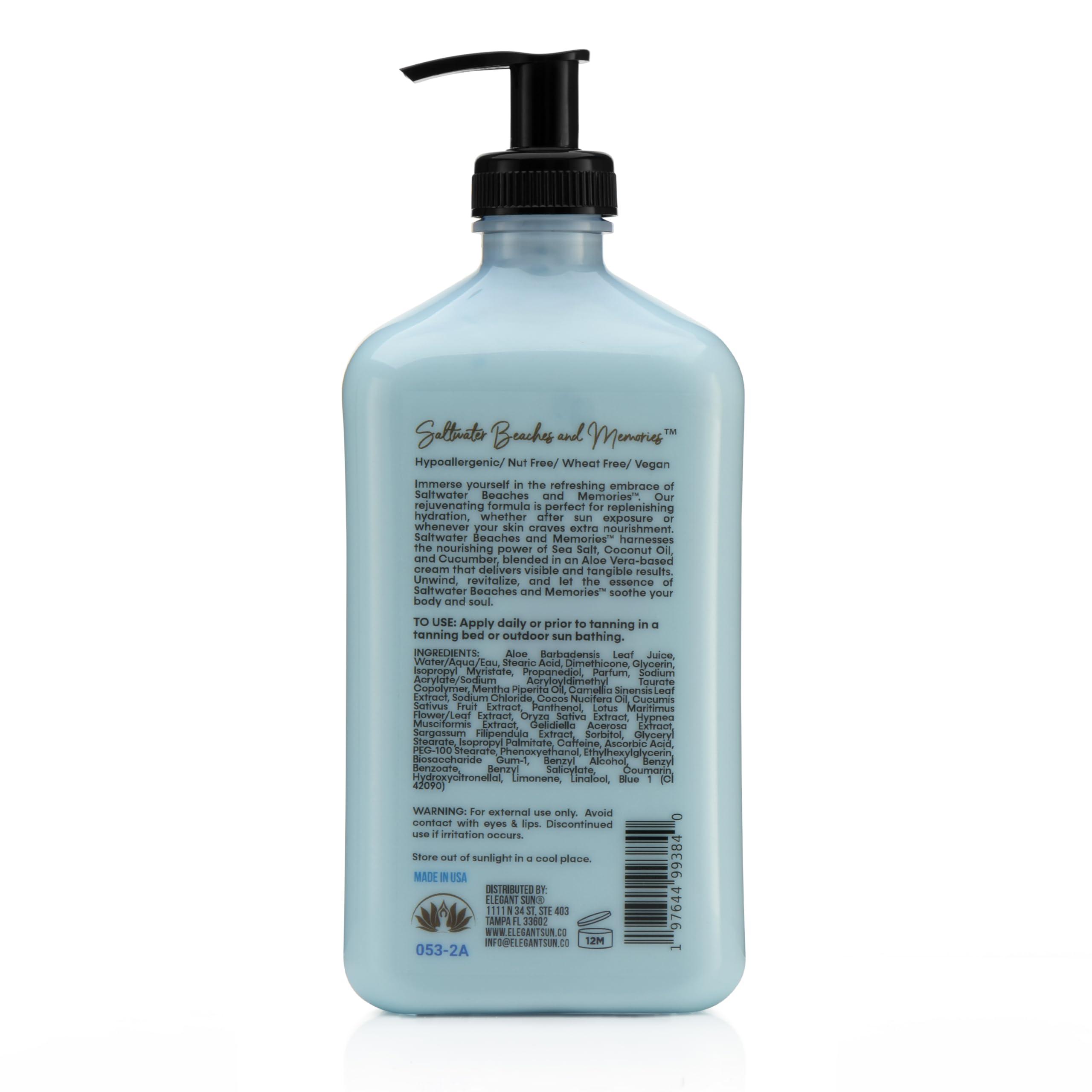 Elegant Sun Saltwater Beaches Tan Extender, After Sun Lotion or Tanning Bed Moisturizer, Aloe Vera Base, Hypoallergenic, Sensitive Skin Care Lotion for Men or Women, Unisex Fresh Scent, Elegant Sun