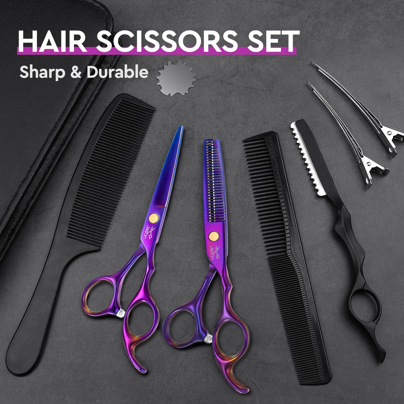 JASON JASON Hair Scissors Professional - 10 PCS Haircut Scissors Set, Thinning Shears for Hair Cutting with 30 Teeth, Straight Shears for Men Women Home Salon Barber (6.7\", Purple)