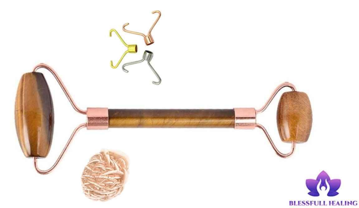 Blessfull Healing Blessfull Healing Tiger Eye Gua Sha SPA Jade Massage Roller Massager Eye Face Neck Facial Relaxation Slimming Tool with Rose Desert Selenite