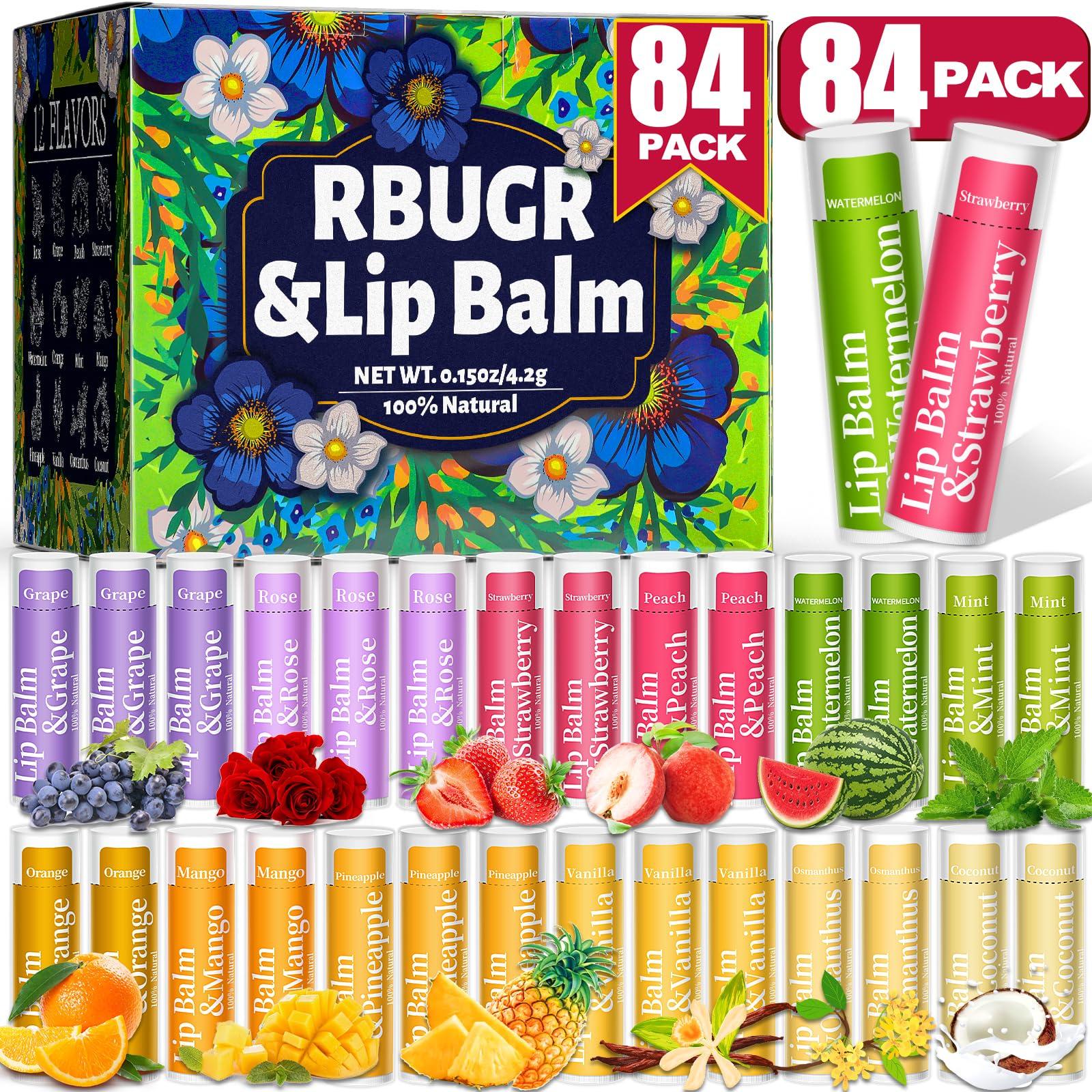 RBUGR RBUGR 84 Pack of Lip Balm, 12 Flavored Lip Balms Natural Organic Vitamin E Lip Balm Pack for Dry Cracked Lips, Moisturising Lip Balm Bulk Gifts Stocking Stuffers Party Favors(4.2g/0.15oz)