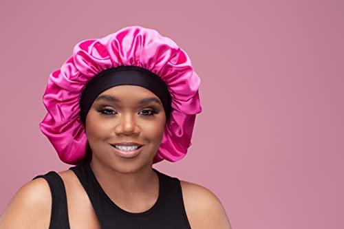 Thank God It's Natural tgin Slip Free Satin Bonnet for Women - Protective - Wavy - Natural Hair - Curly Hair - 3 Pack (Pink, Black, Leopard Print)