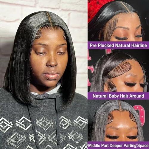 oulaer Short Bob Cut Wigs 180% Density Bone Straight Human Hair Wig For Black Women HD Transparent Lace Front Wig Pre Plucked With Baby Hair Brazilian Virgin Hair Short Wigs Bleached Knots 16Inch