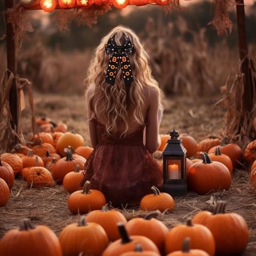 mokkia Halloween Hair Bows Clips for Women Halloween Accessories Outfits Big Spooky Pumpkin Boo Candy Corn Ghost Hair Bows Crystals Jeweled Orange Black Hair Ribbons Barrettes Costume Party Gifts (Pattern A)