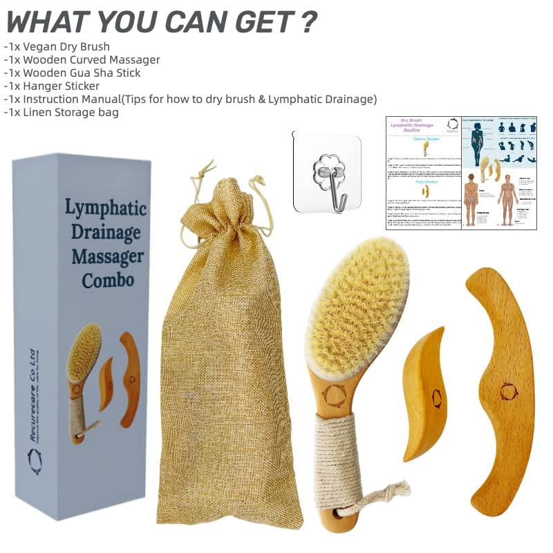Reccsy Dry Brushing Body Brush for Lymphatic Drainage-Vegan Dry Brush with Contoured Non-Slip Handle +Wood Therapy Massage Tools. Maderoterapia Kit, Gua Sha, Anti-Cellulite, Body Sculpting, Sensitive Skin