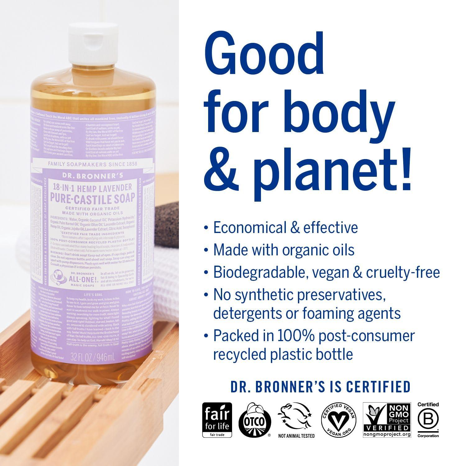 Dr. Bronner's Dr. Bronner\'s - Pure-Castile Liquid Soap (Lavender, 32 Ounce) - Made with Organic Oils, 18-in-1 Uses: Face, Body, Hair, Laundry, Pets and Dishes, Concentrated, Vegan, Non-GMO