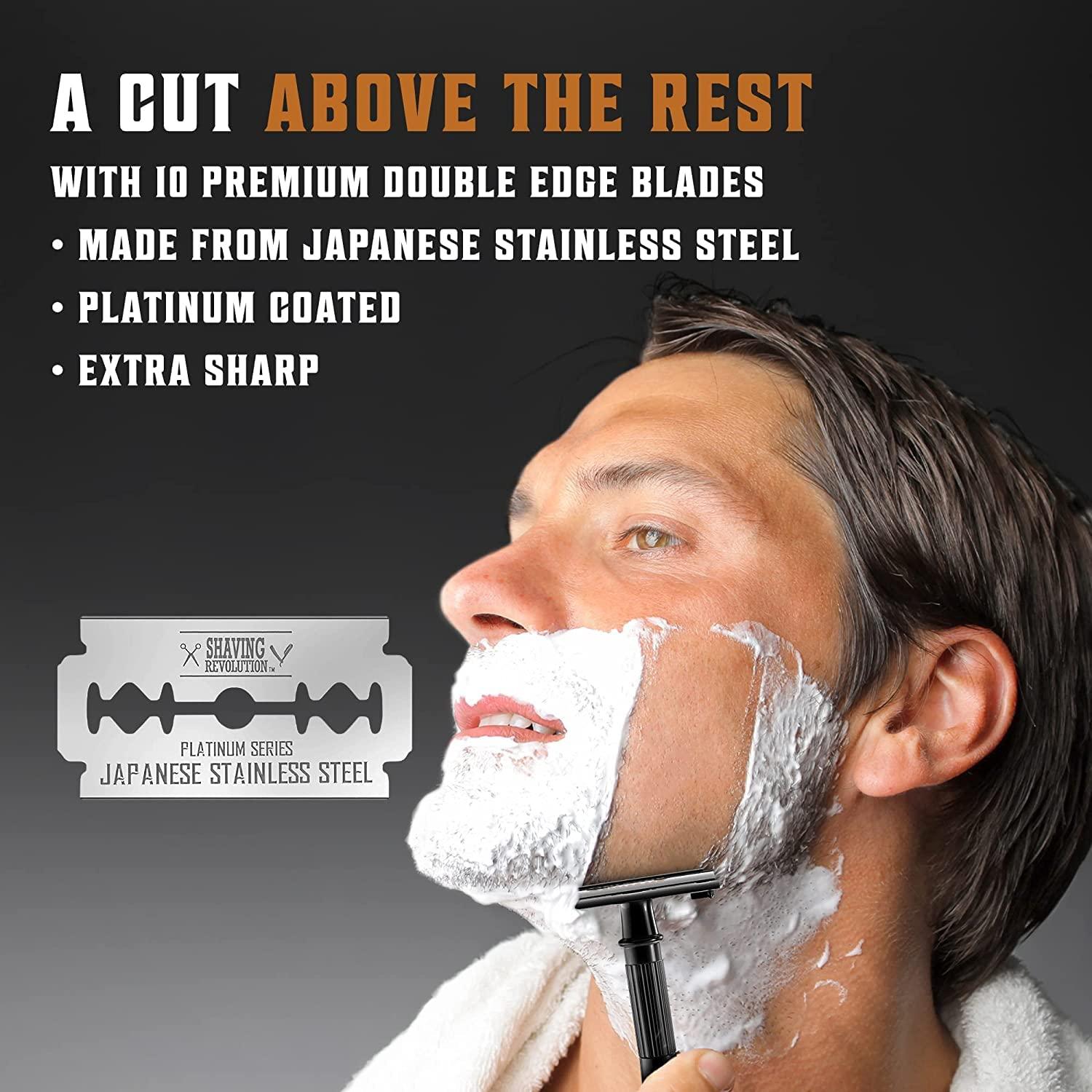 SHAVING REVOLUTION SHAVING REVOLUTION Long Handle Double Edge Safety Razor - Butterfly Open Razor 10 Japanese Stainless Steel Double Edge Blades - Close, Clean Shaving Razor Men., Black Long Handle, 12 Piece Set