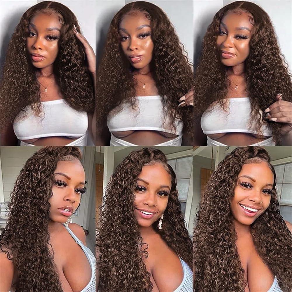 WuvuSnm Light Brown Human Hair Bundles Chocolate Brown Deep Wave Bundles 20 20 20 inch Same Length Bundles #4 Brown Wet and Wavy Bundles Hair Weave