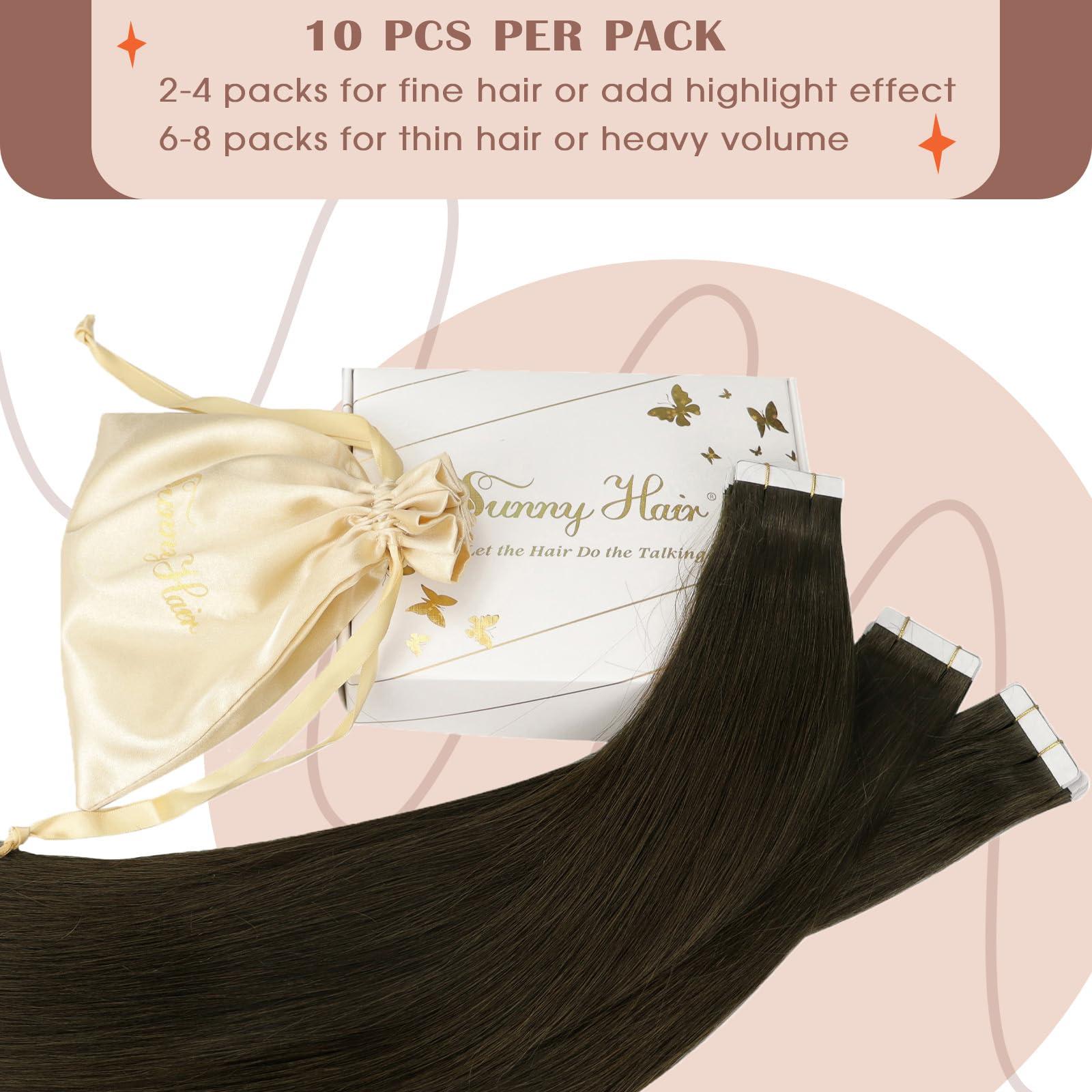 Sunny Hair Sunny Hair Brown Tape in Hair Extensions Dark Brown Tape in Human Hair Extensions Seamless Tape in Extensions Human Hair Dark Brown Tape in Hair Extensions Real Human Hair for Women 25G 20inch