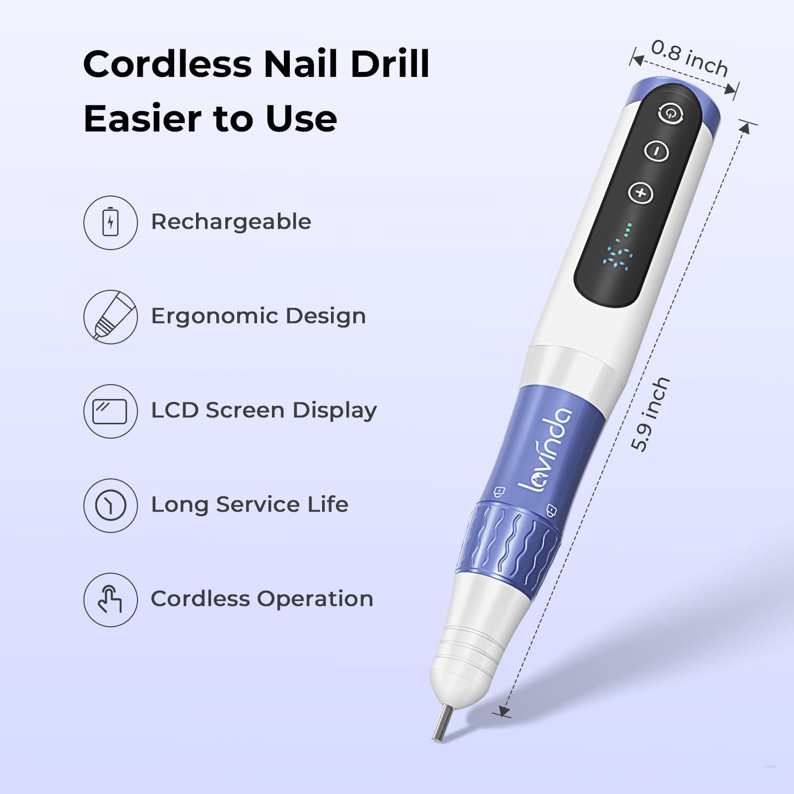Lavinda Cordless Nail Drill, Lavinda Professional 35000RPM Electric Nail Drill Kit for Acrylic Gel Nails, Portable Rechargeable Nail File Set Efile Nail Drill Machine with Drill Bits Sanding Bands