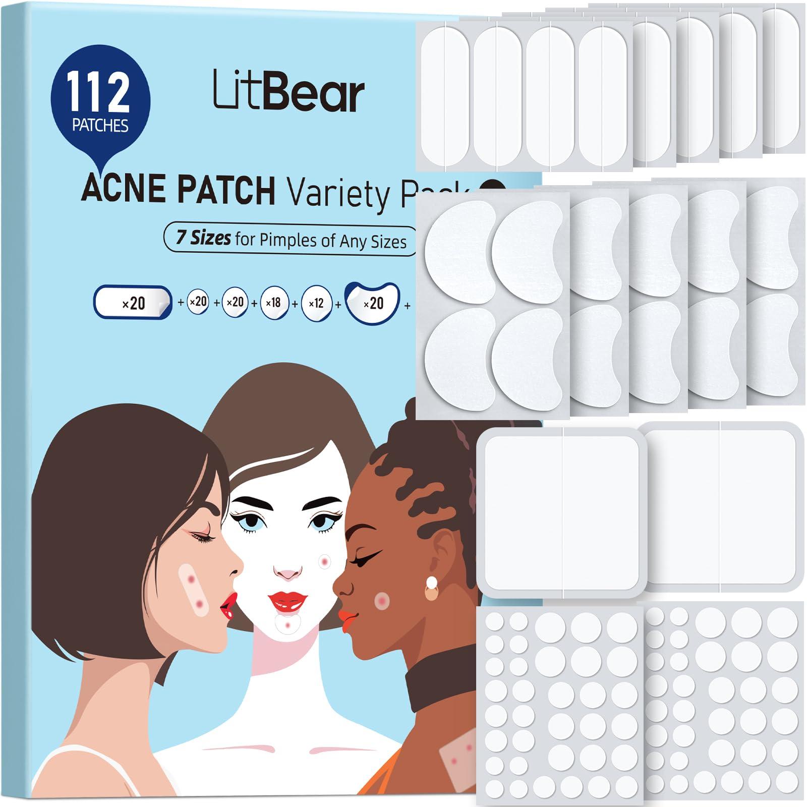LitBear LitBear Large Pimple Patches (7 Sizes 112 Patches), Big Acne Patches, XL Hydrocolloid Bandages for Full Face, Forehead, Chin, Nose, Body, Back, Neck & Chest, Oval, Moon, Square hydrocolloid Patch