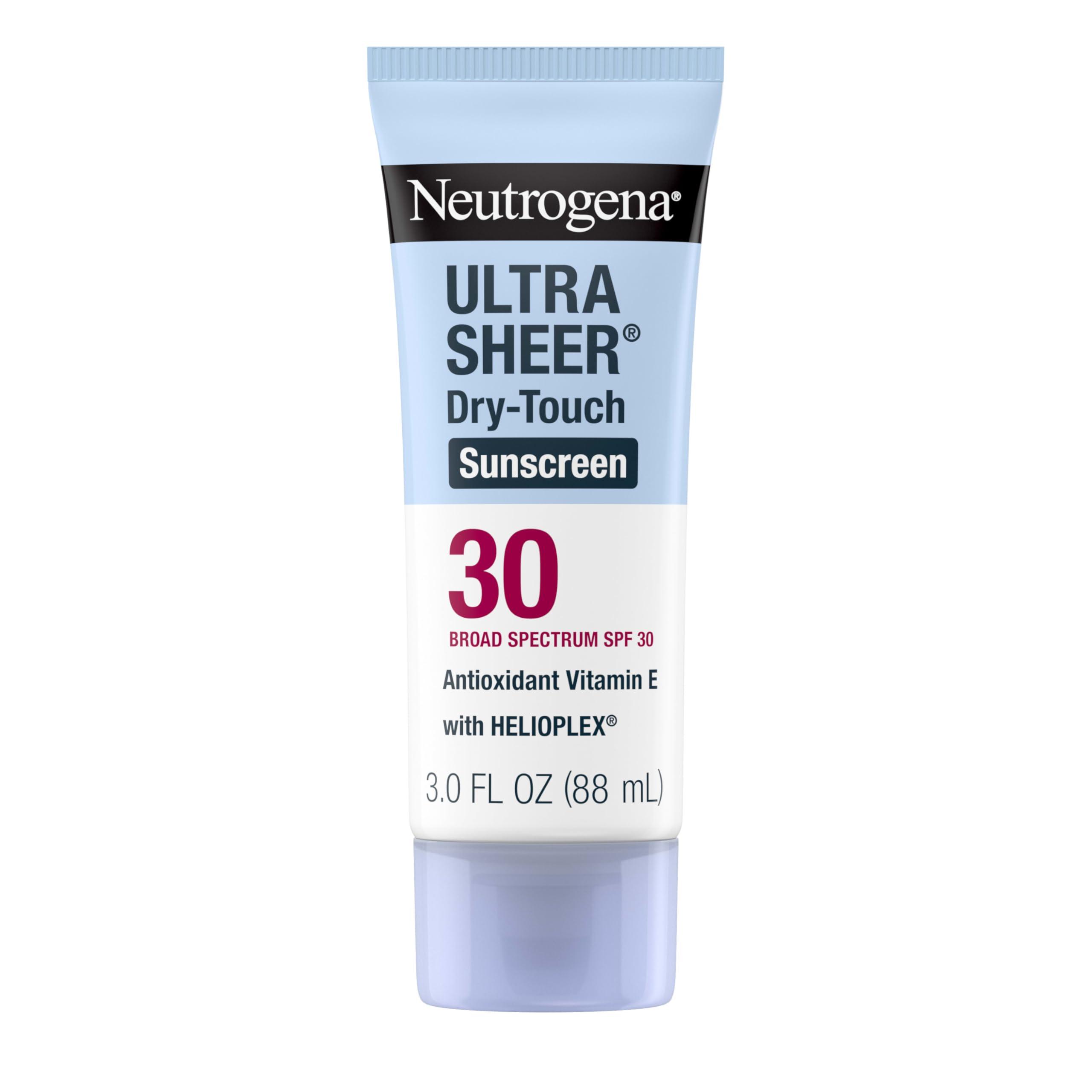Neutrogena Neutrogena Ultra Sheer Dry-Touch Sunscreen Lotion, Broad Spectrum SPF 30 UVA/UVB Protection, Oxybenzone-Free, Light, Water Resistant, Non-Comedogenic ; Non-Greasy, Travel Size, 3 fl. oz