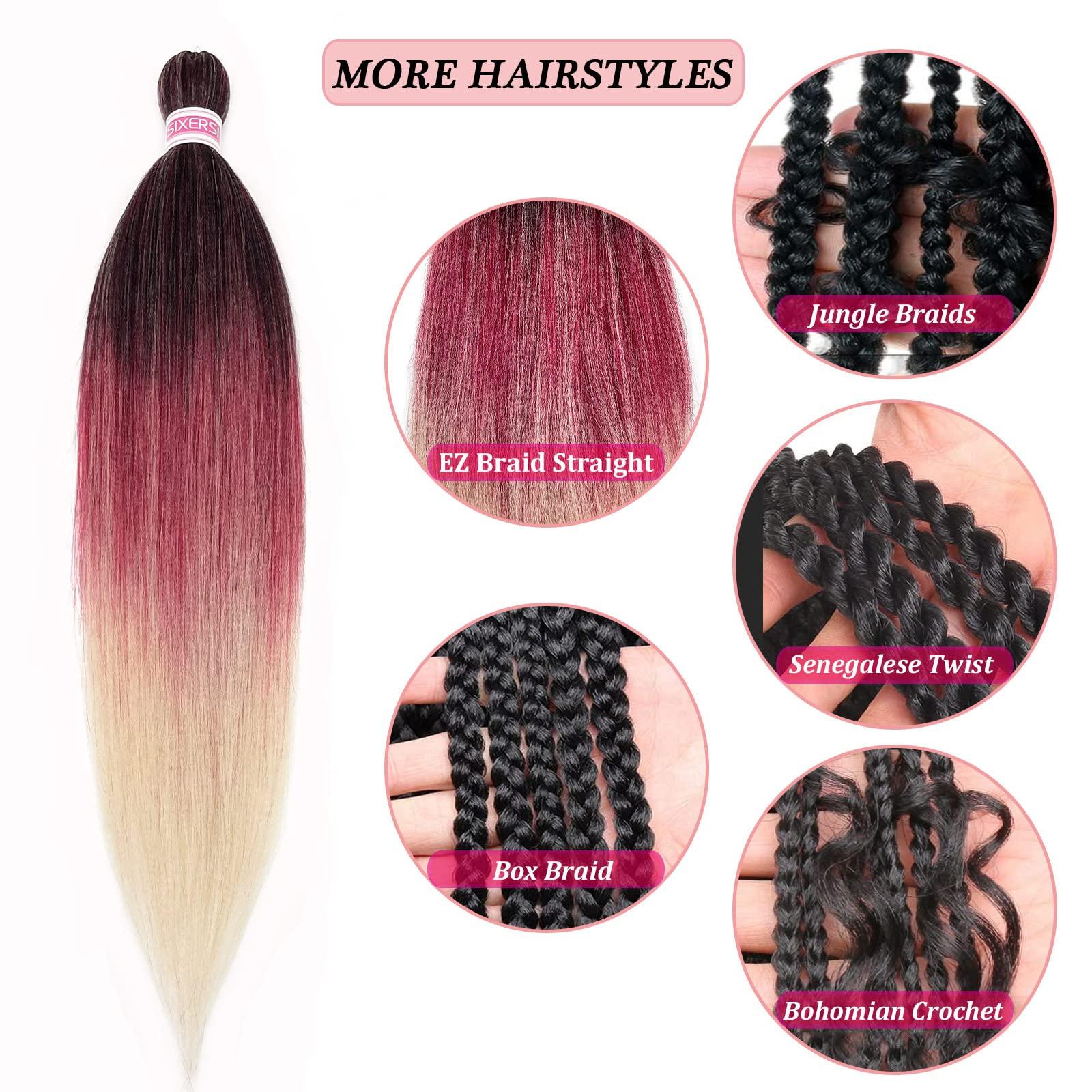 SIXERSI 1B Burgundy Blonde Ombre Braiding Hair Pre Stretched 26 inch 3 Packs Pre Stretched Braiding Hair Ombre Synthetic Hair for Braiding Itch Free Crochet Box Braids Yaki Micro Braiding Hair Extensions