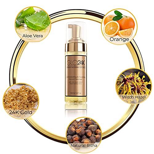 GLO24K UNLEASH THE POWER OF GOLD GLO24K Exfoliating & Foaming Facial Cleanser with 24k Gold, Witch Hazel, and Aloe Vera